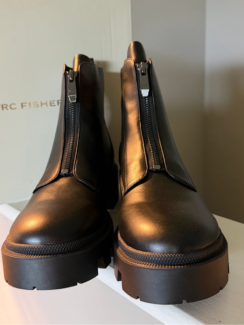 Marc Fisher Black Leather Front-Zip Chunky Sole Chelsea Boots